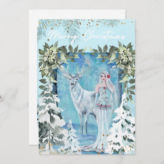 冬の休日の女神と鹿のカードby Renee シーズンカード (正面/裏面)