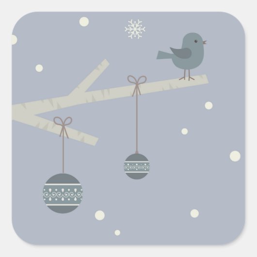 冬の休日の森のスズメの鳥の漫画 スクエアシール (正面)