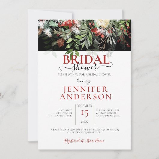 冬の休日の水の色のフローラ配置シャワー 招待状 (正面)