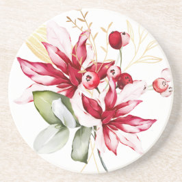 冬の休日の赤ポインセチア水色の花 コースター