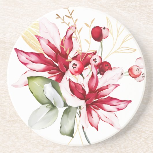 冬の休日の赤ポインセチア水色の花 コースター (正面)