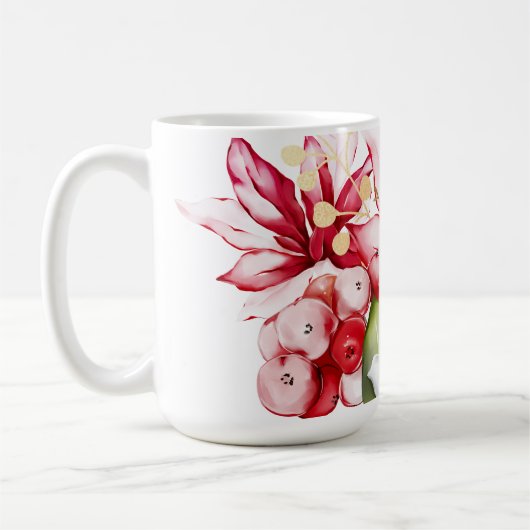 冬の休日の赤ポインセチア水色の花 コーヒーマグカップ (左)