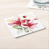 冬の休日の赤ポインセチア水色の花 スクエアペーパーコースター (アングル)