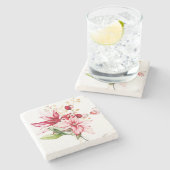 冬の休日の赤ポインセチア水色の花 ストーンコースター (横)