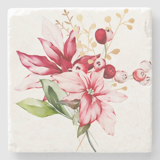 冬の休日の赤ポインセチア水色の花 ストーンコースター (正面)