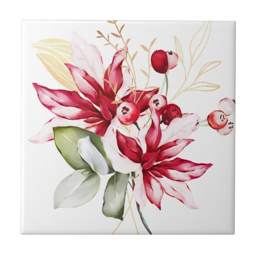 冬の休日の赤ポインセチア水色の花 タイル (正面)