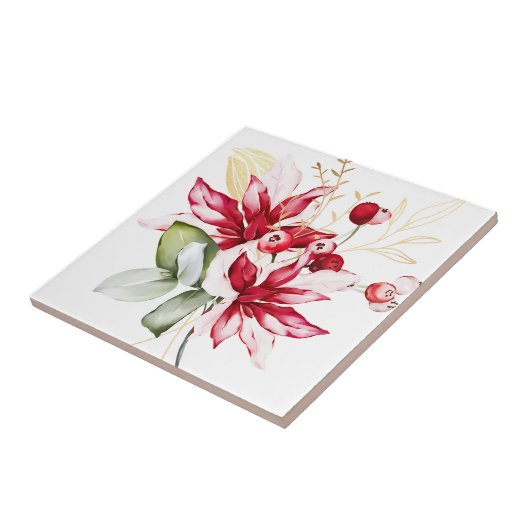 冬の休日の赤ポインセチア水色の花 タイル (側面)