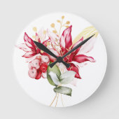 冬の休日の赤ポインセチア水色の花 ラウンド壁時計 (正面)