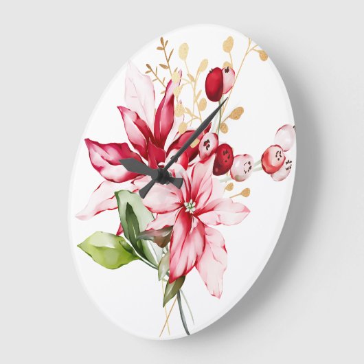 冬の休日の赤ポインセチア水色の花 ラージ壁時計 (傾斜)