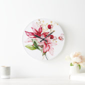 冬の休日の赤ポインセチア水色の花 ラージ壁時計 (ホーム)