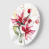 冬の休日の赤ポインセチア水色の花 ラージ壁時計 (傾斜)