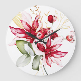 冬の休日の赤ポインセチア水色の花 ラージ壁時計