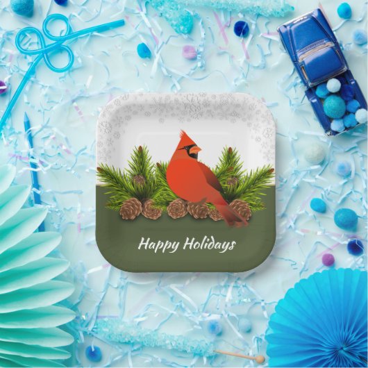 冬の休暇 カーディナル 松ぼっくりと雪の結晶 ペーパープレート (パーティー)