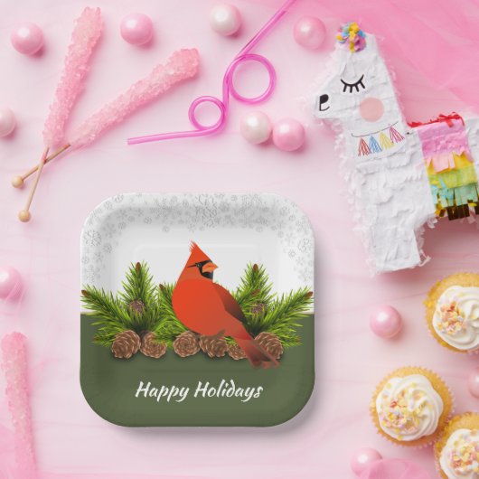 冬の休暇 カーディナル 松ぼっくりと雪の結晶 ペーパープレート (パーティー)