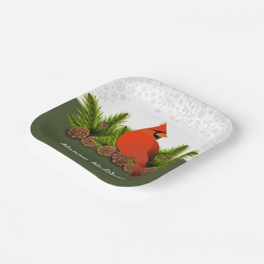 冬の休暇 カーディナル 松ぼっくりと雪の結晶 ペーパープレート (傾斜あり)
