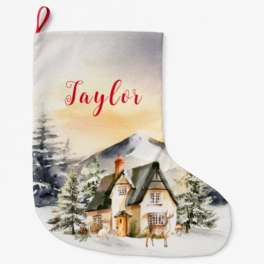 冬の休暇 クリスマスのコテージ ラージクリスマスストッキング (正面)