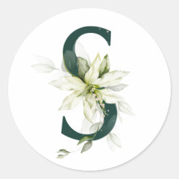 冬の休暇 モノグラム 白いポインセチア ラウンドシール