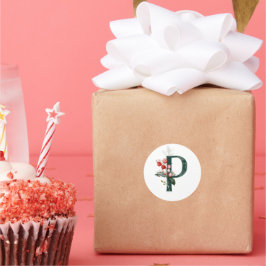 冬の休暇 モノグラム 赤いポインセチアの実 C ラウンドシール