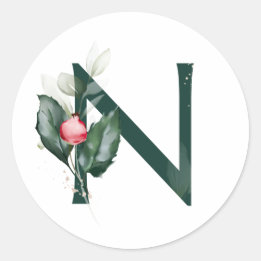 冬の休暇 モノグラム 赤いポインセチアの実 C ラウンドシール