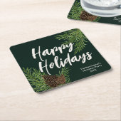 冬の休暇 水彩画 冬の松の緑豊かなグリーン スクエアペーパーコースター (アングル)