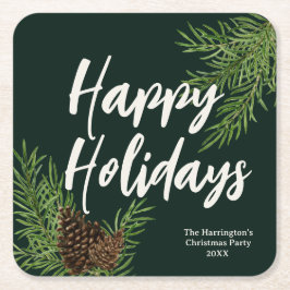 冬の休暇 水彩画 冬の松の緑豊かなグリーン スクエアペーパーコースター