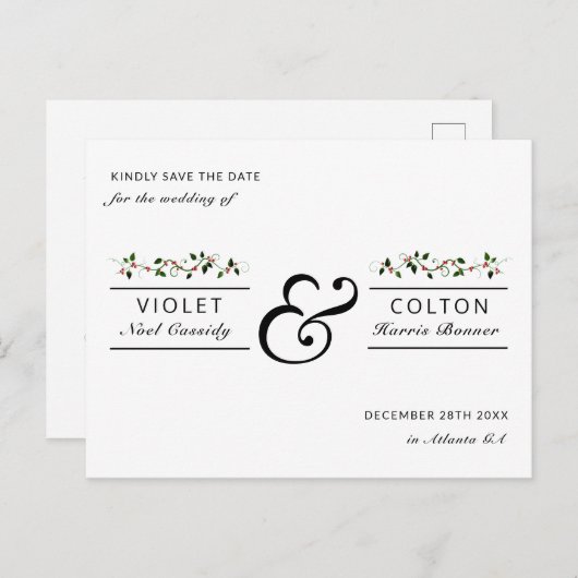 冬の休暇 赤い実の結婚式 Save the Date ポストカード (正面/裏面)