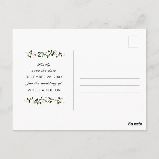 冬の休暇 赤い実の結婚式 Save the Date ポストカード (裏面)