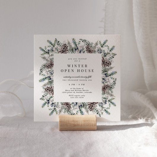冬の優雅なパステルカラーのスクエアオープンハウス 招待状