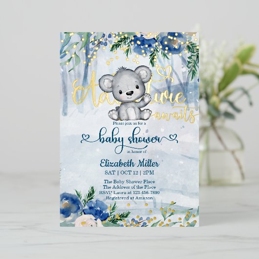 冬の冒険が北極熊の赤ちゃんシャワーを待つ 箔招待状 (立ち正面)