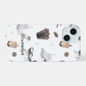 冬の冒険，松のコーン，そり，アイススケート iPhone 15ケース (裏面横)