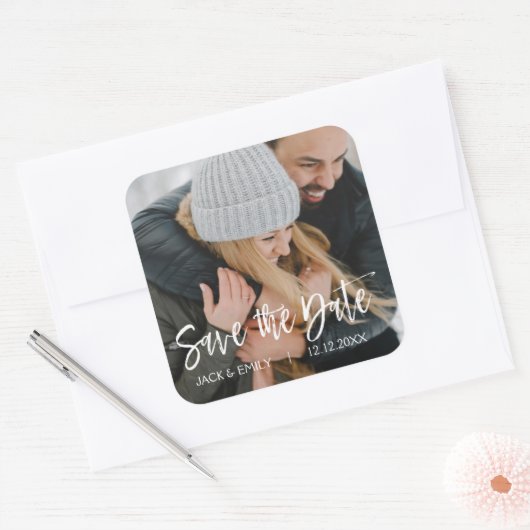 冬の写真日付のステッ結婚カーを保存 スクエアシール (封筒)