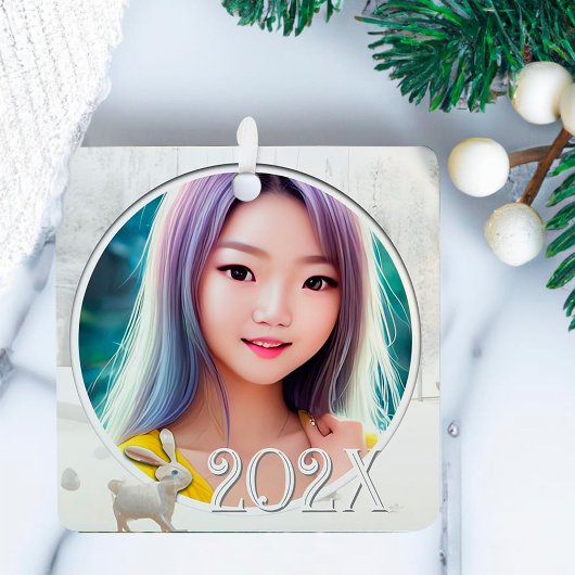 冬の写真森林雪のシーンとウサギ メタルオーナメント