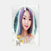 冬の写真森林雪のシーンとウサギ メタルオーナメント (正面左)