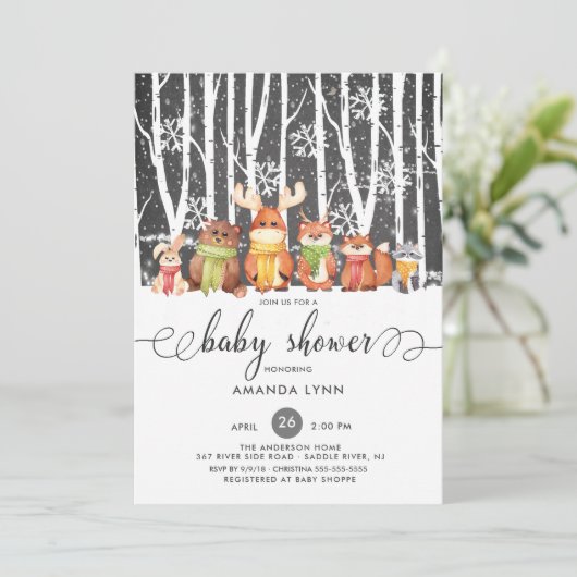 冬の冬の外で寒い森林動物の赤ちゃんシャワー 招待状 (スタンド正面)
