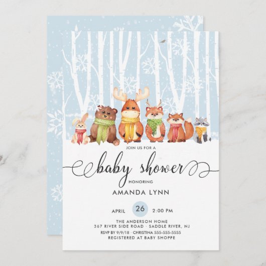 冬の冬の外で寒い森林動物の赤ちゃんシャワー 招待状 (正面/裏面)