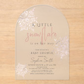 冬の凍っていピンクのスノーフレークの女の子ベビーシャワー アクリル招待状 (正面)