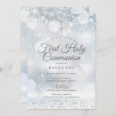 冬の初めての聖体拝領 シルバーコンフェッティ招待状 招待状 (正面/裏面)