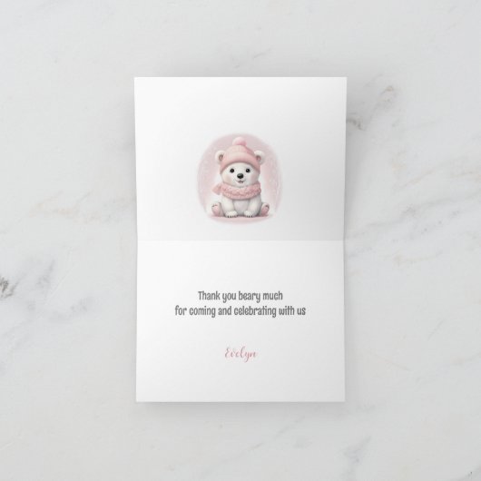 冬の初めの誕生日かわいいピンクのホッキョクグマ サンキューカード (内部)