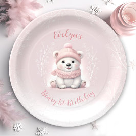 冬の初めの誕生日かわいいピンクのホッキョクグマ ペーパープレート