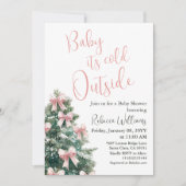 冬の到来 ピンクのボウが可愛いベイビーシャワー 招待状 (正面)