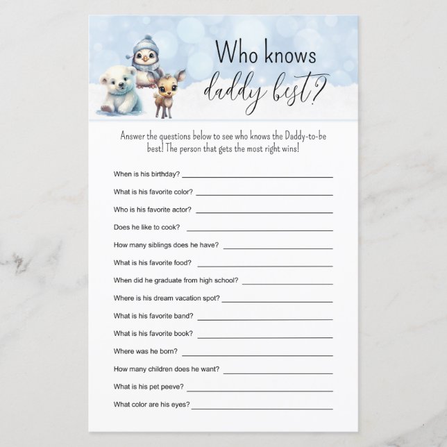 冬の動物がブランクゲームに記入ベビーシャワー (正面)