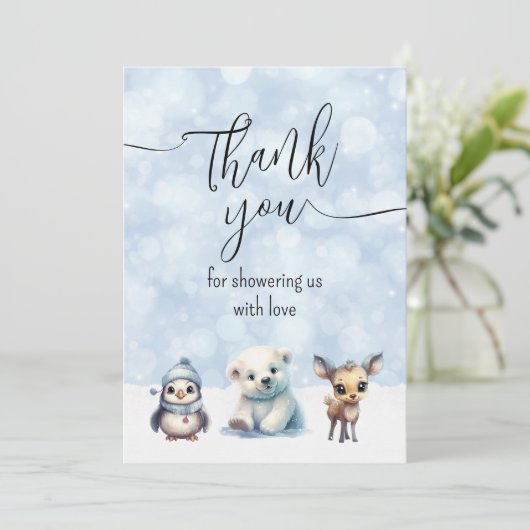 冬の動物が赤ちゃんシャワーの外で寒い サンキューカード (スタンド正面)