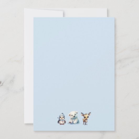 冬の動物が赤ちゃんシャワーの外で寒い サンキューカード (裏面)