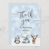 冬の動物が赤ちゃんシャワーの外で寒い サンキューカード (正面/裏面)