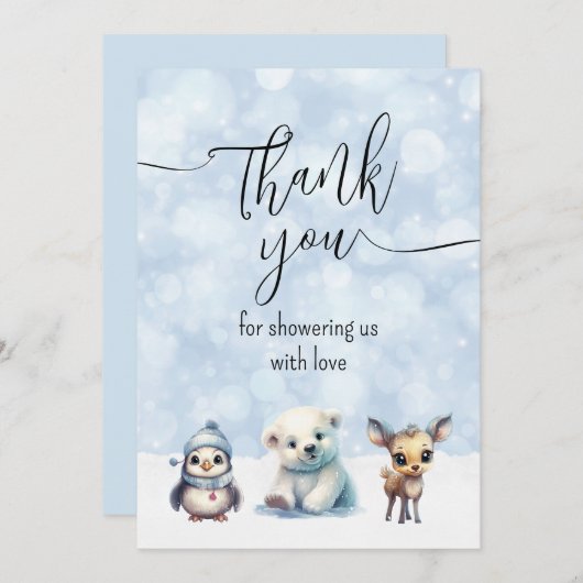 冬の動物が赤ちゃんシャワーの外で寒い サンキューカード (正面/裏面)