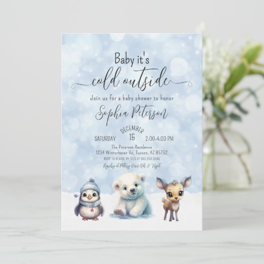 冬の動物が赤ちゃんシャワーの外で寒い 招待状 (スタンド正面)