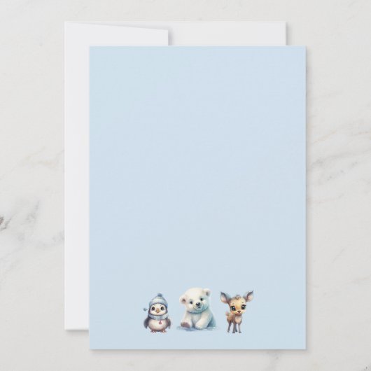 冬の動物が赤ちゃんシャワーの外で寒い 招待状 (裏面)