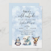 冬の動物が赤ちゃんシャワーの外で寒い 招待状 (正面/裏面)
