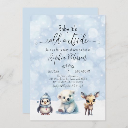 冬の動物が赤ちゃんシャワーの外で寒い 招待状 (正面/裏面)