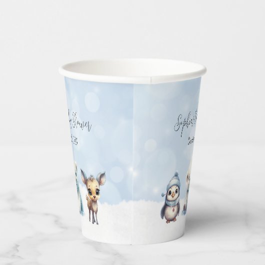 冬の動物が赤ちゃんシャワーの外で寒い 紙コップ (右)